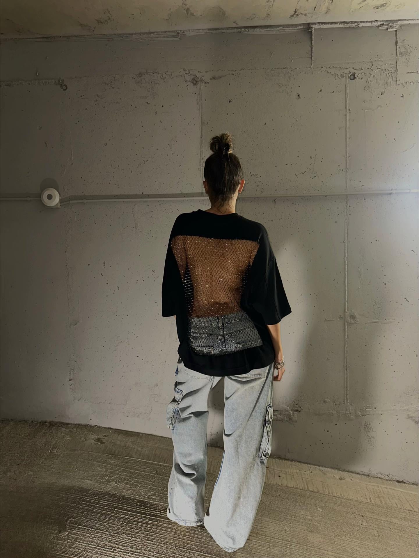 Siyah Crystal Sırt Parıltılı T-Shirt