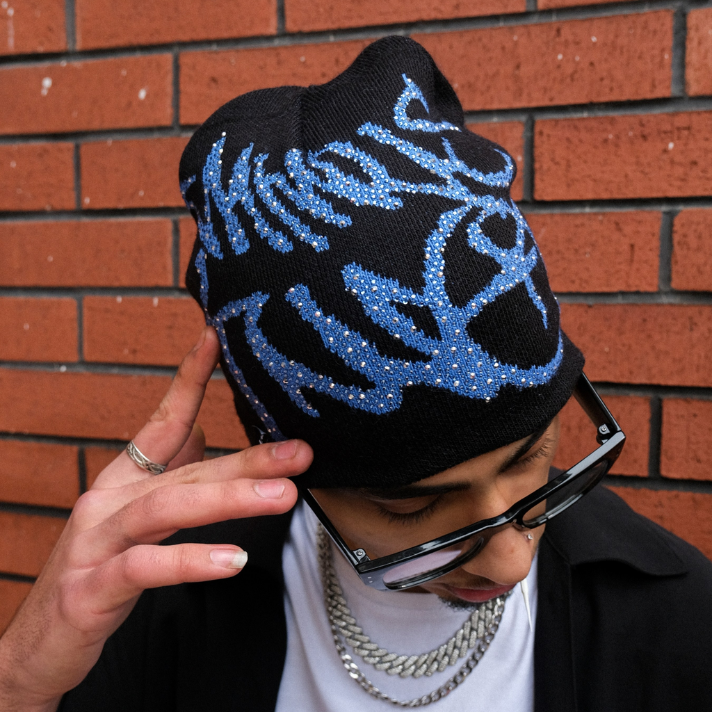 Y2k Minus Two Crystal Beanie Mavi W1 Sheen Studios®
